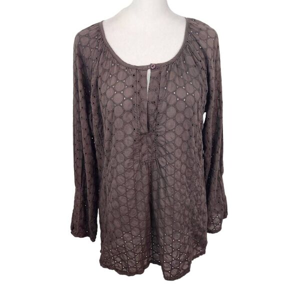 True Grit Gray Eyelet Lace Blouse Size XS Preppy Gray Lace Top - Picture 1 of 8